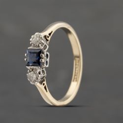 Second Hand 18ct Yellow Gold Sapphire & 0.12ct Diamond Three Stone Ring 41482120