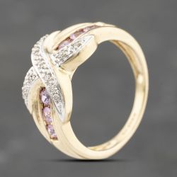 Second Hand 9ct Yellow Gold Pink Topaz & 0.05ct Diamond Crossover Ring 41482319