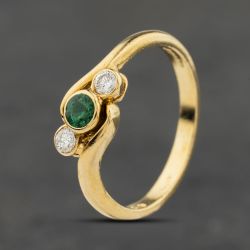 Second Hand 18ct Yellow Gold Emerald & Diamond Twist Three Stone Ring 41482543
