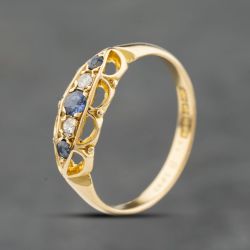 Second Hand Vintage Yellow Gold Sapphire & Diamond Boat Design Five Stone Ring 41482671