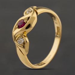 Second Hand Antique 18ct Yellow Gold Ruby & 0.08ct Diamond Swirl Dress Ring 41482748