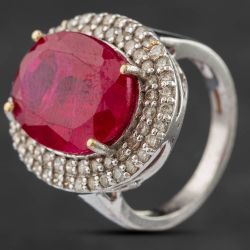 Second Hand 9ct White Gold Synthetic Ruby & Brilliant Diamond Large Oval Halo Ring 4148322