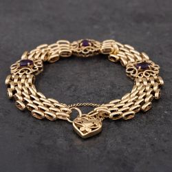 Second Hand 9ct Yellow Gold Amethyst 8 Inch Gate Bracelet 41531031