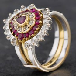 Second Hand 18ct Two Colour Gold Ruby & Diamond Two Piece Cluster Ring 4148796