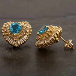Second Hand 14ct Yellow Gold Diamond and Blue Topaz Heart Studs 4217026