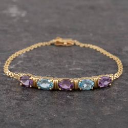 Second Hand 14ct Yellow Gold Blue Topaz & Amethyst 7 Inch Belcher Bracelet 43071003