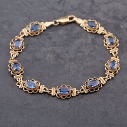 Second Hand 9ct Yellow Gold Blue Topaz Filigree 7.5 Inch Bracelet 43071018