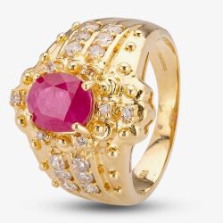 Second Hand 18ct Yellow Gold Oval Rubover 1.50ct Ruby & 0.40ct Diamond Two Row Ring 4312056