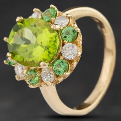 Second Hand 14ct Yellow Gold 3.65ct Peridot, 0.62ct Diamond & 0.62ct Tsavorite Oval Cluster Ring 4312215