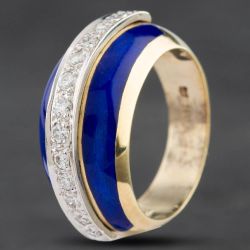 Second Hand 9ct Two Colour Gold 0.25ct Brilliant Cut Diamond & Blue Enamel Graduated Dress Ring 4312355