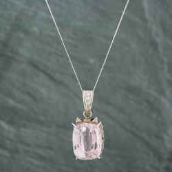 Second Hand Platinum 22.10ct Kunzite & 0.12ct Brilliant Cut Diamond Large Cushion Pendant & 18 Inch Curb Chain 43141021