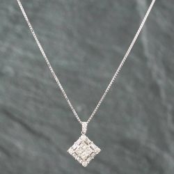 Second Hand 18ct White Gold 0.70ct Diamond Square Cluster Pendant & 16-18 Inch Box Chain 43141059
