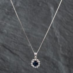 Second Hand Platinum Sapphire & Brilliant Cut Diamond Cushion Shape Cluster Pendant & 18 Inch Box Chain 43141064