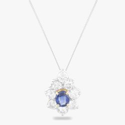 Second Hand 18ct Two Colour Gold 0.54ct Oval Cut Sapphire & 1.03ct Brilliant Cut Diamond Cluster Pendant & 18 Inch Curb Chain 43141072