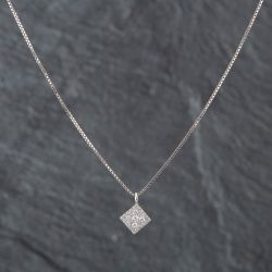 Second Hand 9ct White Gold Brilliant Cut Diamond Pave Square Cluster Pendant & 16 Inch Box Chain 43141087