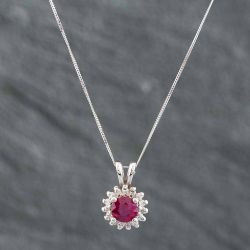 Second Hand 14ct White Gold Round Cut Ruby & Brilliant Cut Diamond Pendant & 18 Inch Curb Chain 43141091