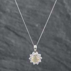 Second Hand Platinum Certificated 1.35ct Round Chrysoberyl Cats Eye & 0.60ct Brilliant Cut Diamond Cluster Pendant & 18 Inch Curb Chain 43141096