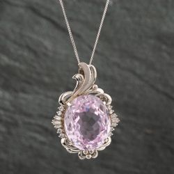 Second Hand Platinum Certificated 22.97ct Kunzite & 0.38ct Diamond Oval Pendant & 18 Inch Curb Chain 43141111