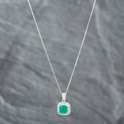 Second Hand Platinum 0.81ct Cushion Cut Emerald & 0.29ct Brilliant Cut Diamond Pendant & 16-18 Inch Box Chain 43141177