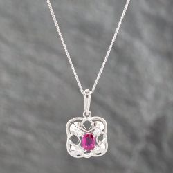 Second Hand Platinum 0.38ct Ruby & 0.08ct Brilliant Cut Diamond Oval Pendant & 18 Inch Curb Chain 43141185