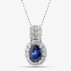 Second Hand 18ct White Gold 1.66ct Sapphire & 0.67ct Diamond Oval Cluster Pendant & 16 Inch Ball Chain 43141189