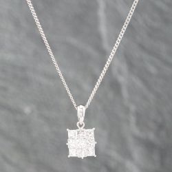 Second Hand Platinum 1.00ct Princess Cut Diamond Square Nine Stone Cluster Pendant & 16 Inch Curb Chain 43141194