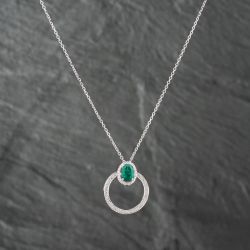 Second Hand 14ct White Gold Emerald & 0.45ct Diamond Oval Swivel Cluster Pendant & 16-18 Inch Trace Chain 43141229