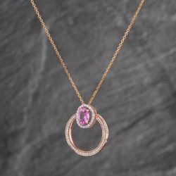 Second Hand 14ct Rose Gold Pink Sapphire & 0.44ct Diamond Oval Swivel Cluster Pendant & 15 Inch Trace Chain 43141230