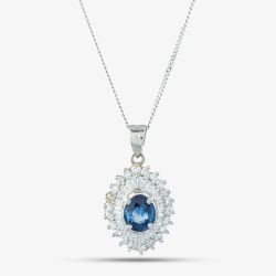 Second Hand Platinum Sapphire & 1.11ct Diamond Oval Cluster Pendant & 16 Inch Trace Chain 43141236