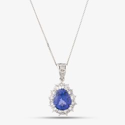 Second Hand Platinum 2.84ct Tanzanite & 0.65ct Brilliant Cut Diamond Tear Drop Pendant & 16 Inch Curb Chain 43141253