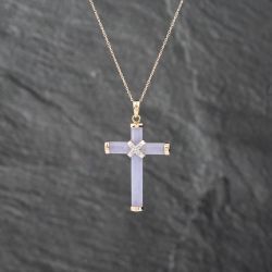 Second Hand 9ct Yellow Gold Lavender Jade & Diamond Set Cross Pendant & 16-18 Inch Trace Chain 43141276