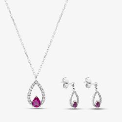 Second Hand 18ct White Gold 0.41ct Ruby & 0.11ct Brilliant Cut Diamond Teardrop 16-18 Inch Trace Jewellery Set 43141277