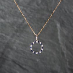 Second Hand 9ct Yellow Gold Sapphire & Cubic Zirconia Open Circle Pendant & 16-18 Inch Trace Chain 43141292