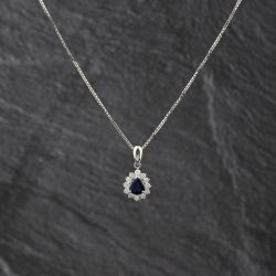 Second Hand Platinum 0.96ct Sapphire & 0.43ct Brilliant Cut Diamond Pear Shaped Cluster Pendant & 16 Inch Box Chain 43141343