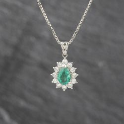 Second Hand Platinum 1.23ct Emerald & 0.64ct Brilliant Cut Diamond Teardrop Cluster Gemstone Pendant & 15 Inch Box Chain 43141348