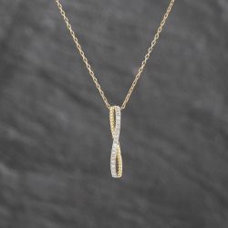 Second Hand 9ct Yellow Gold 0.10ct Brilliant Cut Diamond Crossover Twist Bar Gemstone Pendant & 16-18 Inch Trace Chain 43141358