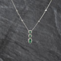 Second Hand 9ct White Gold Emerald & Brilliant Cut Diamond Graduated Triple Cluster Gemstone Pendant & 16 Inch Trace Chain 43141360