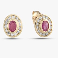 Second Hand 9ct Yellow Gold 0.16ct Ruby & 0.09ct Brilliant Cut Diamond Oval Cluster Stud Earrings 43170069