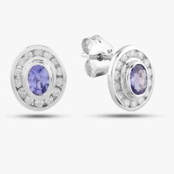 Second Hand 9ct White Gold 0.14ct Tanzanite & 0.50ct Diamond Oval Stud Earrings 43170088