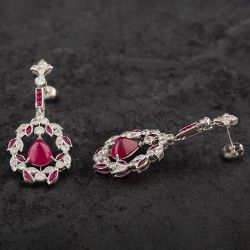 Second Hand 14ct White Gold Cabochon Cut Ruby & Brilliant Cut Diamond Openwork Fancy Dropper Earrings 4317058
