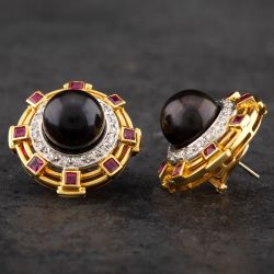 Second Hand 14ct Yellow Gold 1.50ct Ruby & 0.75ct Diamond & Black South Sea Pearl Large Stud Earrings 4317073