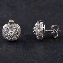 Second Hand 9ct White Gold 0.33ct Diamond Baguette And Brilliant Pave Set Stud Earrings 4317097