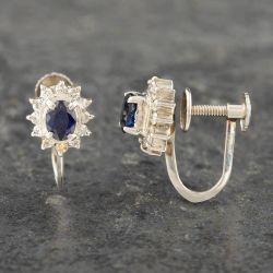 Second Hand Platinum 0.60ct Sapphire & 0.24ct Brilliant Cut Diamond Oval Screw Fitting Stud Earrings 43171001