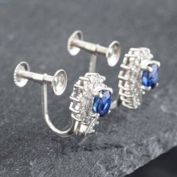 Second Hand Platinum 0.90ct Oval Cut Sapphire & 0.22ct Brilliant Cut Diamond Stud Earrings 43171038