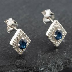 Second Hand White Gold 0.45ct Sapphire & 0.08ct Diamond Marquise Shaped Stud Earrings 43171076