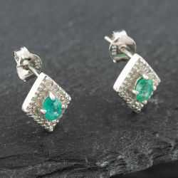 Second Hand White Gold 0.50ct Emerald & 0.08ct Diamond Marquise Shaped Stud Earrings 43171078
