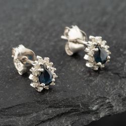 Second Hand White Gold 0.38ct Pear Cut Sapphire & 0.09ct Brilliant Cut Diamond Cluster Stud Earrings 43171094