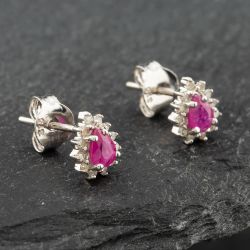 Second Hand White Gold 0.38ct Pear Cut Ruby & 0.09ct Brilliant Cut Diamond Cluster Stud Earrings 43171095