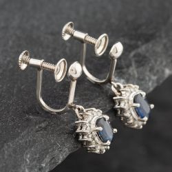 Second Hand Platinum Certificated Sapphire & 0.32ct Single Cut Diamond Oval Screw Fittings 21.7mm Dropper Earrings 43171105