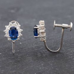 Second Hand Platinum Oval Cut Sapphire & Brilliant Cut Diamond Screw Fittings 8mm Stud Earrings 43171112